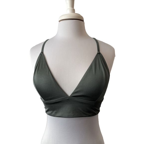 H&M Womens 18 Sexy Boho Padded Satin Olive Green Plunge Bikini Top Beach Swim - Picture 1 of 9